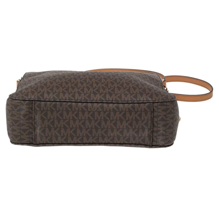 Pre Owned Michael Kors Brown Signature Coated Canvas and Leather Jet Set Messenger Bag