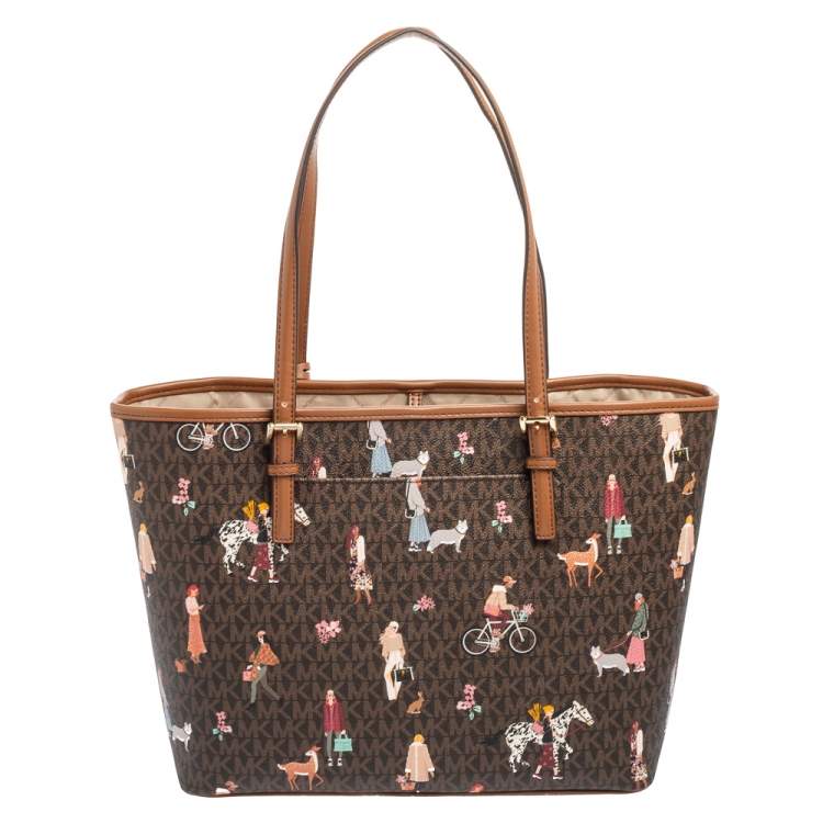 Pre Owned Michael Kors Brown Canvas And Leather Jet Set Girls Medium Carryall Tote