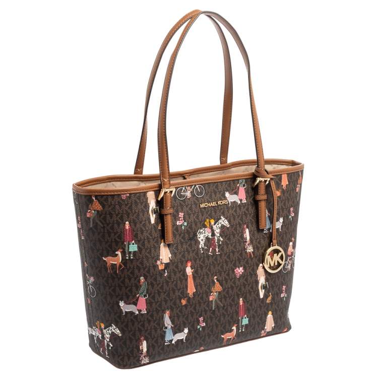 Pre Owned Michael Kors Brown Canvas And Leather Jet Set Girls Medium Carryall Tote