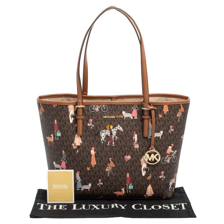 Pre Owned Michael Kors Brown Canvas And Leather Jet Set Girls Medium Carryall Tote