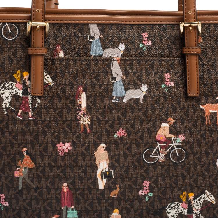 Pre Owned Michael Kors Brown Canvas And Leather Jet Set Girls Medium Carryall Tote