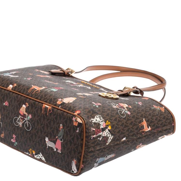 Pre Owned Michael Kors Brown Canvas And Leather Jet Set Girls Medium Carryall Tote