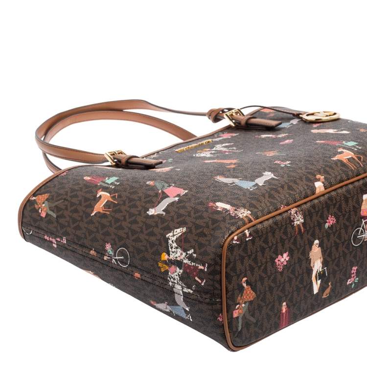 Pre Owned Michael Kors Brown Canvas And Leather Jet Set Girls Medium Carryall Tote