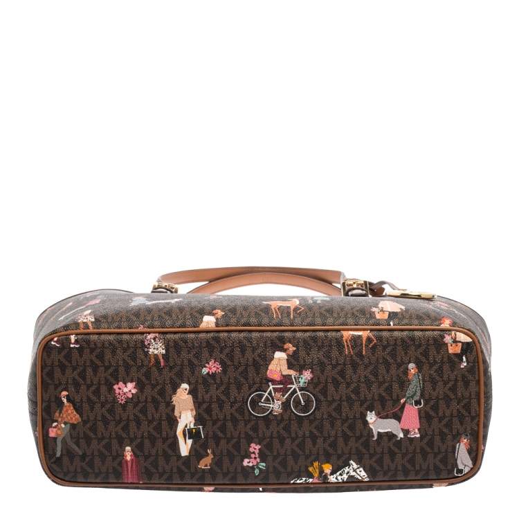 Pre Owned Michael Kors Brown Canvas And Leather Jet Set Girls Medium Carryall Tote