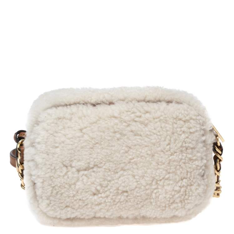 Pre Owned Michael Kors Off White/Brown Shearling and Leather Camera Crossbody Bag