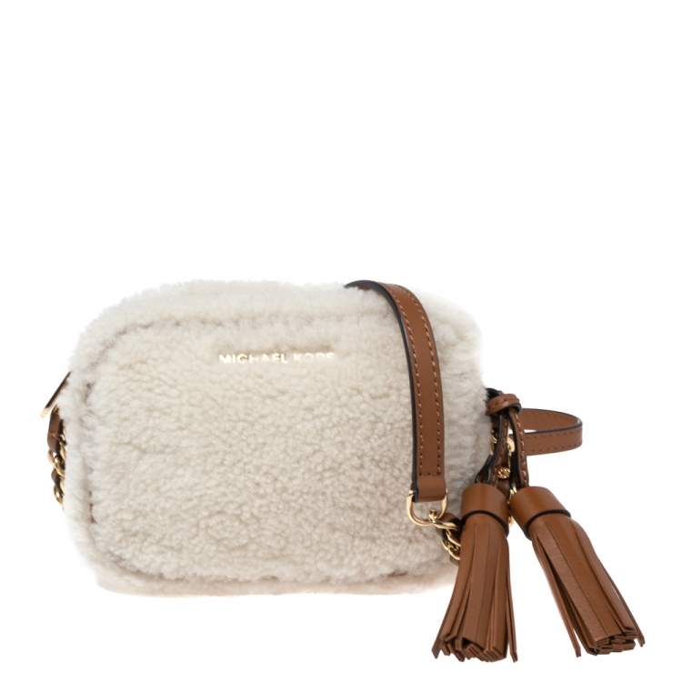 Pre Owned Michael Kors Off White/Brown Shearling and Leather Camera Crossbody Bag