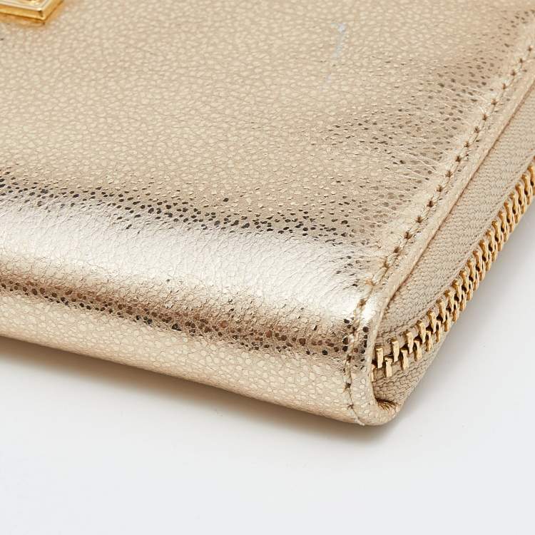 Pre Owned Michael Kors Gold Leather Jet Set Zip Around Wallet