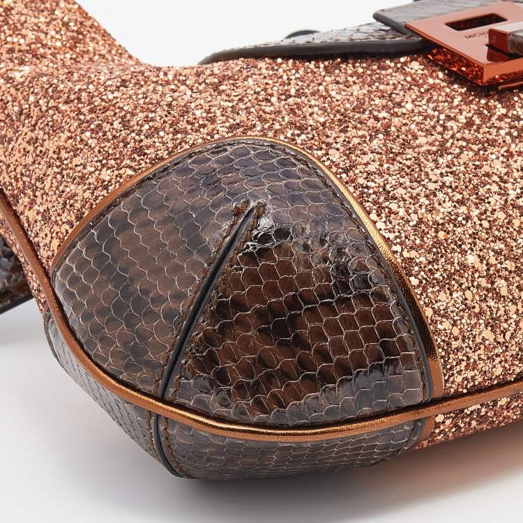Pre Owned Michael Kors Collection Brown Glitter And Python Bancroft Hobo