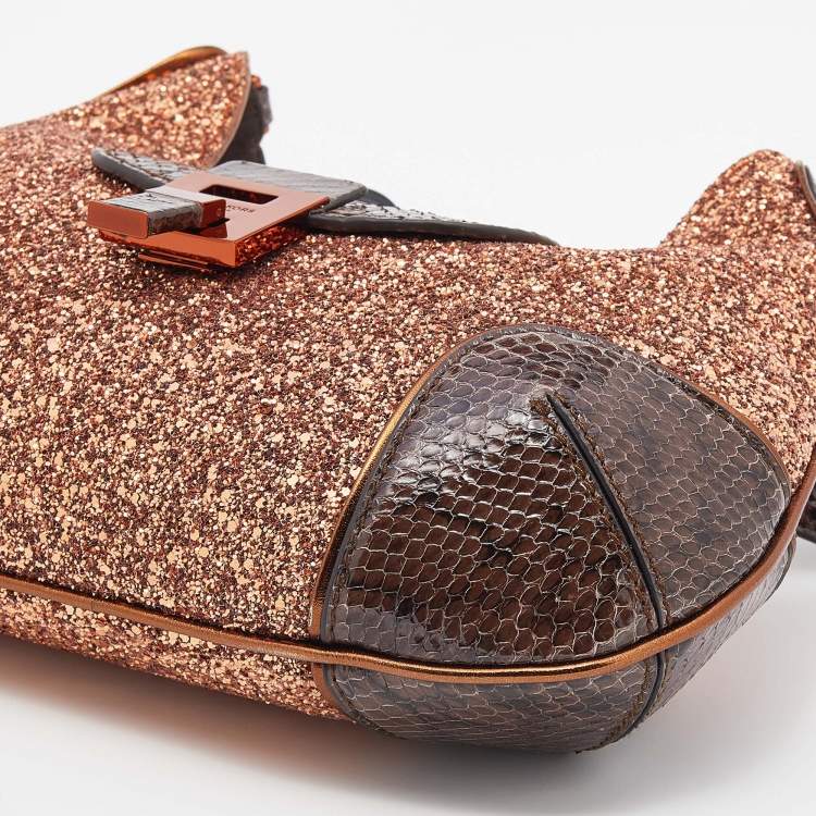 Pre Owned Michael Kors Collection Brown Glitter And Python Bancroft Hobo