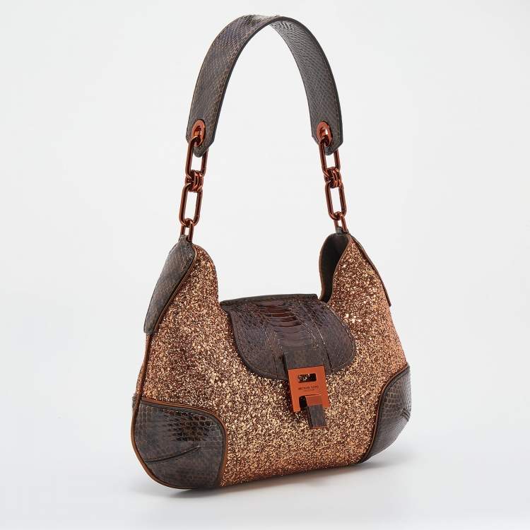 Pre Owned Michael Kors Collection Brown Glitter And Python Bancroft Hobo
