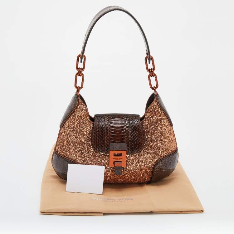 Pre Owned Michael Kors Collection Brown Glitter And Python Bancroft Hobo
