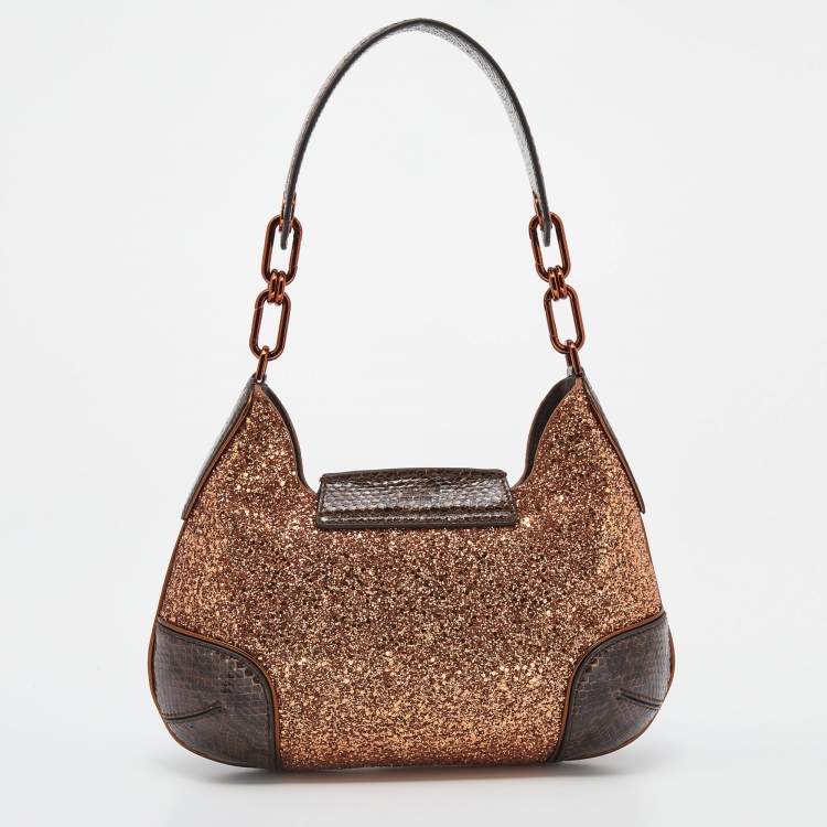 Pre Owned Michael Kors Collection Brown Glitter And Python Bancroft Hobo