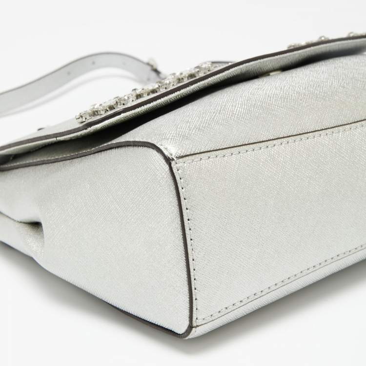 Pre Owned Michael Kors Silver Leather Small Ava Crystals Embellished Top Handle Bag