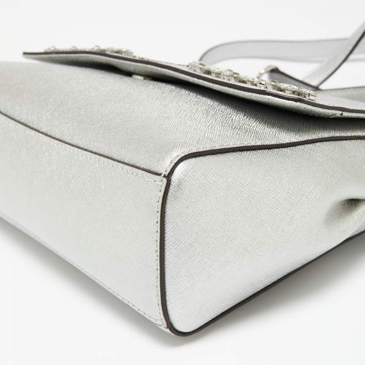 Pre Owned Michael Kors Silver Leather Small Ava Crystals Embellished Top Handle Bag