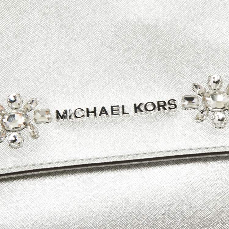 Pre Owned Michael Kors Silver Leather Small Ava Crystals Embellished Top Handle Bag
