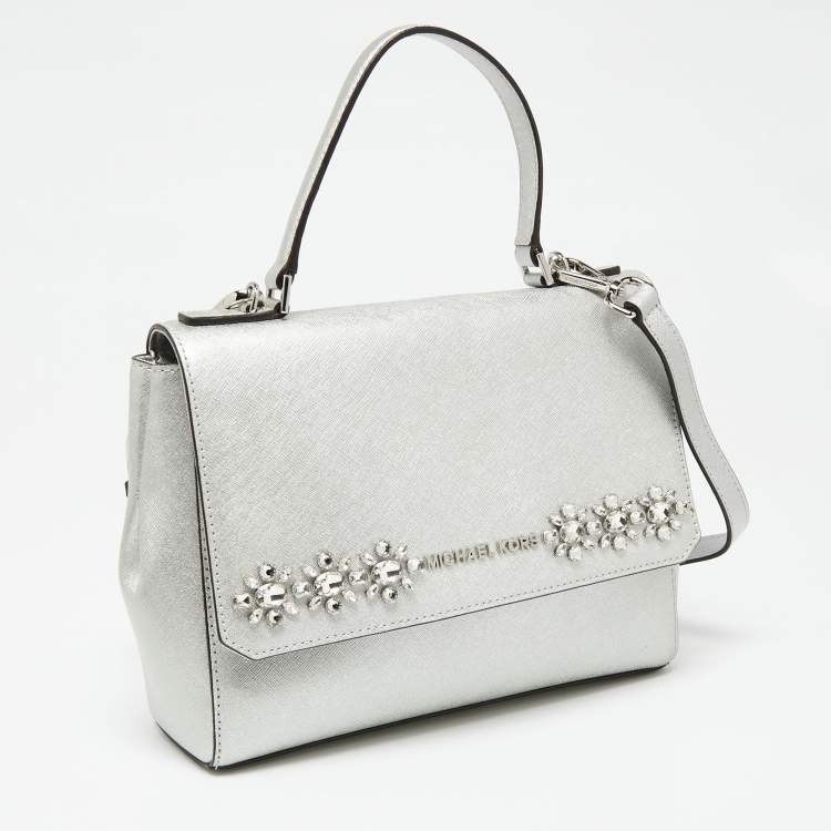 Pre Owned Michael Kors Silver Leather Small Ava Crystals Embellished Top Handle Bag