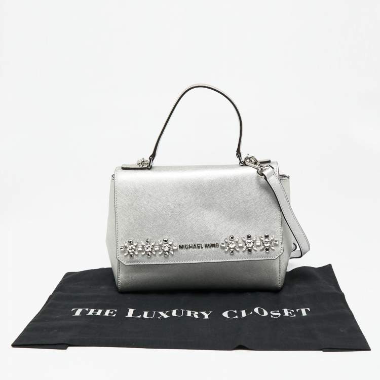Pre Owned Michael Kors Silver Leather Small Ava Crystals Embellished Top Handle Bag