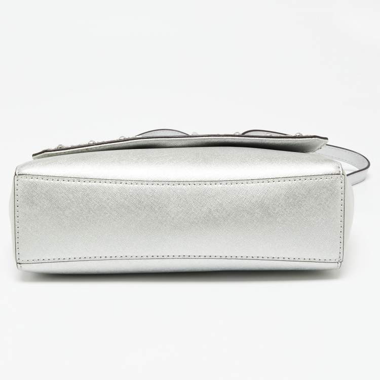 Pre Owned Michael Kors Silver Leather Small Ava Crystals Embellished Top Handle Bag