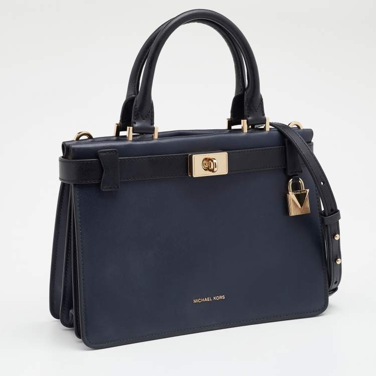 Pre Owned Michael Kors Navy Blue/Black Leather Small Tatiana Satchel