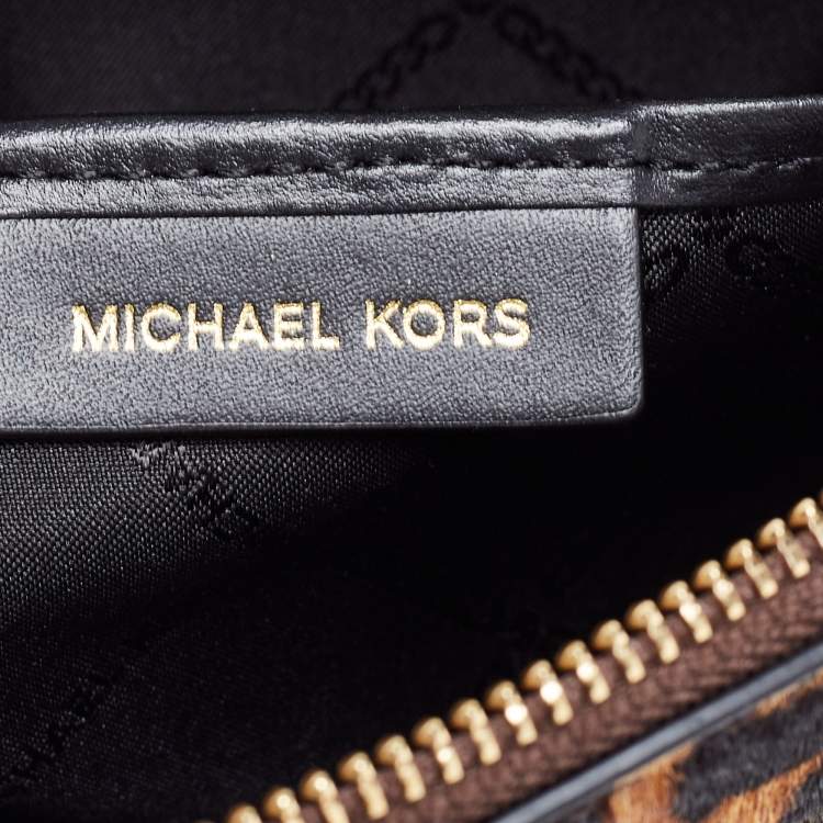 Pre Owned Michael Kors Brown/Black Signature Coated Canvas,Leather and Calfhair Jet Set Travel Wristlet Pouch