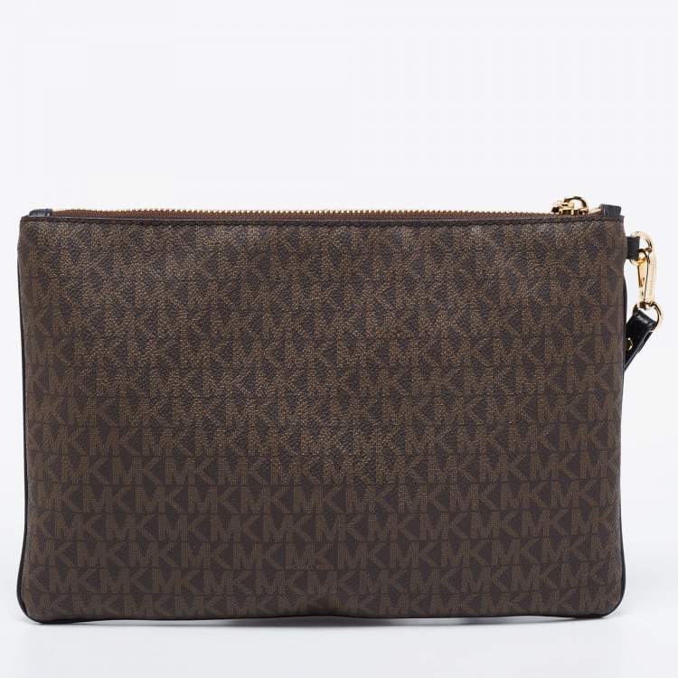 Pre Owned Michael Kors Brown/Black Signature Coated Canvas,Leather and Calfhair Jet Set Travel Wristlet Pouch
