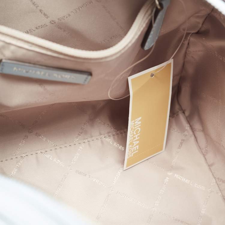Pre Owned Michael Kors Blue/White Printed Coated Canvas And Leather Medium Jet Set Girls Duffle Bag