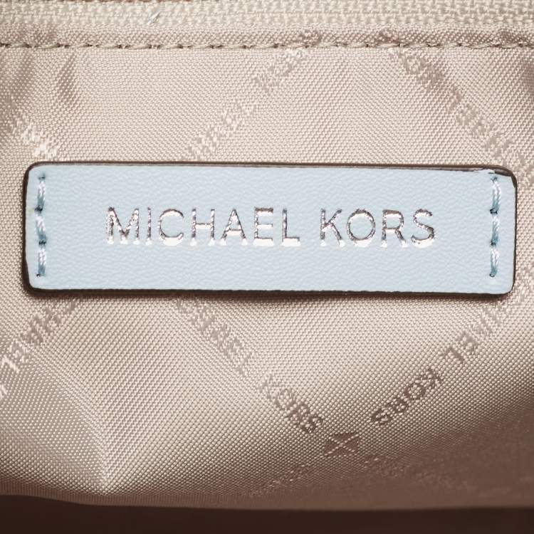 Pre Owned Michael Kors Blue/White Printed Coated Canvas And Leather Medium Jet Set Girls Duffle Bag