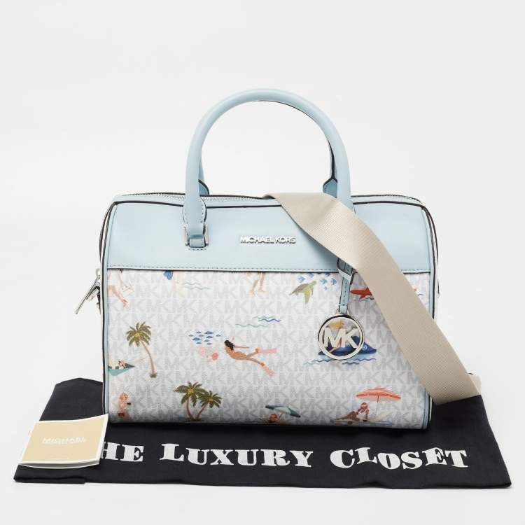 Pre Owned Michael Kors Blue/White Printed Coated Canvas And Leather Medium Jet Set Girls Duffle Bag