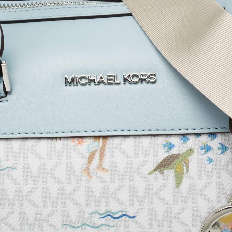 Pre Owned Michael Kors Blue/White Printed Coated Canvas And Leather Medium Jet Set Girls Duffle Bag