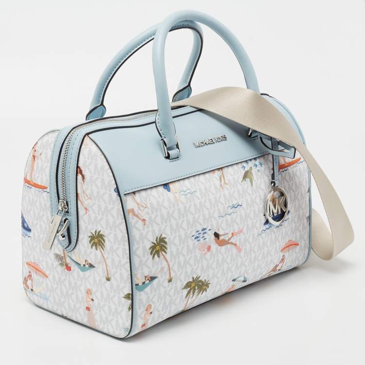 Pre Owned Michael Kors Blue/White Printed Coated Canvas And Leather Medium Jet Set Girls Duffle Bag