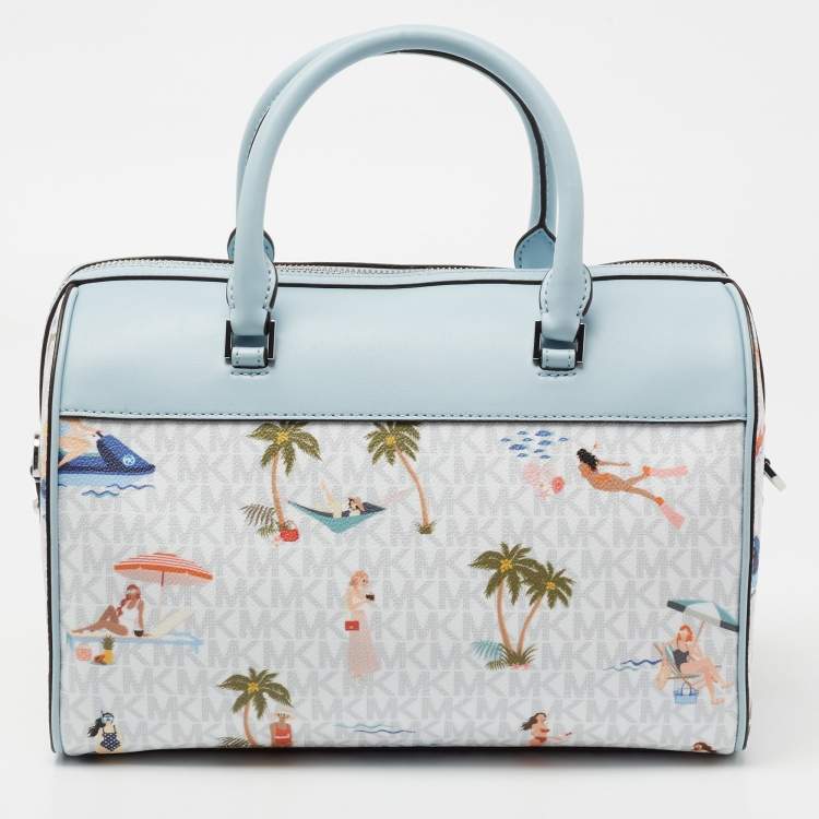 Pre Owned Michael Kors Blue/White Printed Coated Canvas And Leather Medium Jet Set Girls Duffle Bag