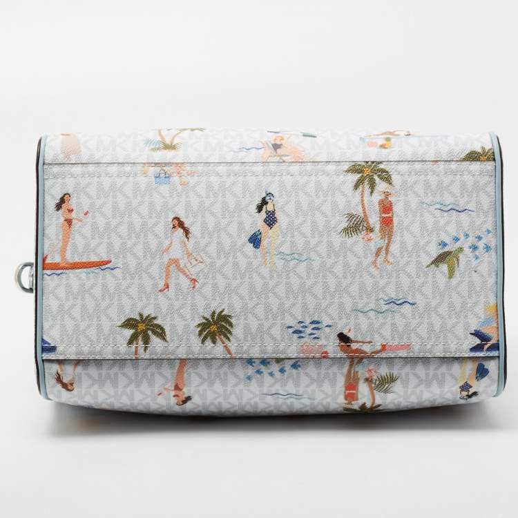 Pre Owned Michael Kors Blue/White Printed Coated Canvas And Leather Medium Jet Set Girls Duffle Bag