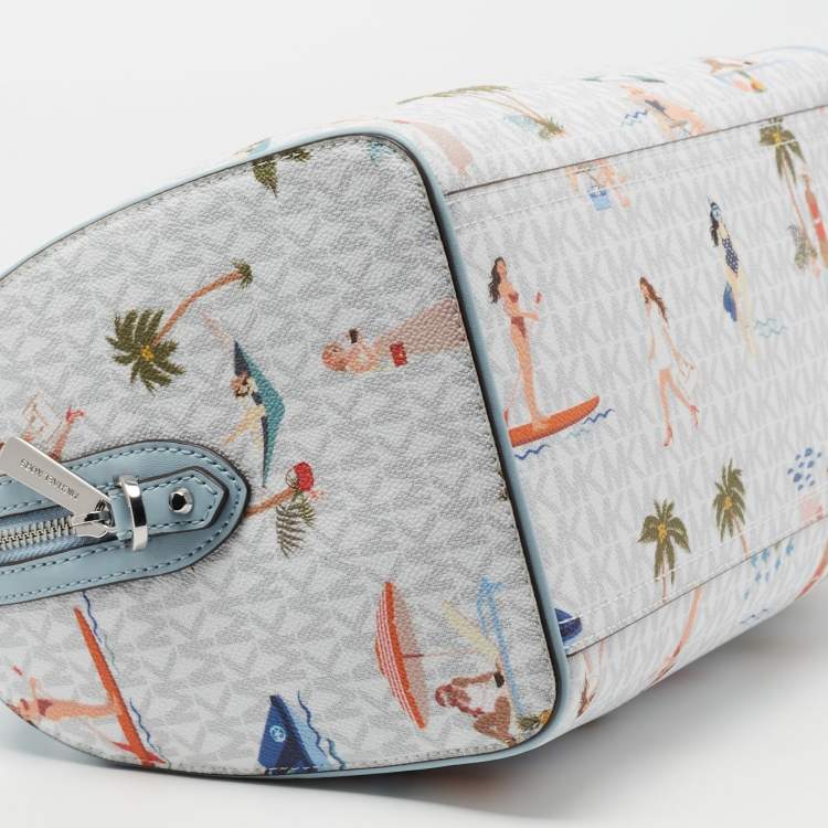 Pre Owned Michael Kors Blue/White Printed Coated Canvas And Leather Medium Jet Set Girls Duffle Bag