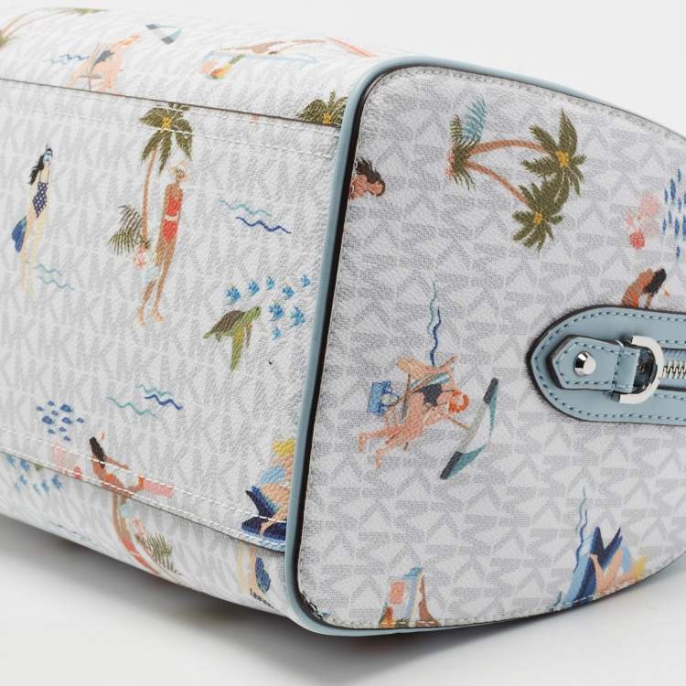 Pre Owned Michael Kors Blue/White Printed Coated Canvas And Leather Medium Jet Set Girls Duffle Bag