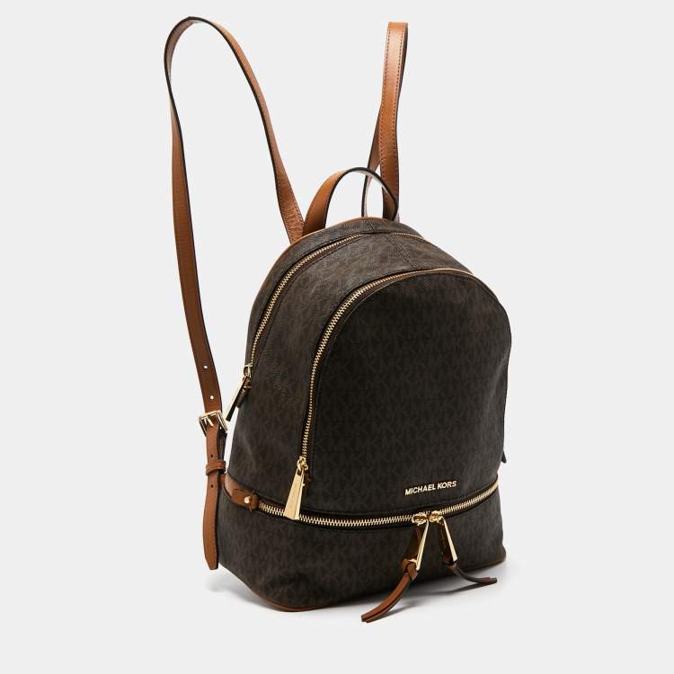 Pre Owned Michael Kors Brown Signature Coated Canvas And Leather Medium Rhea Backpack