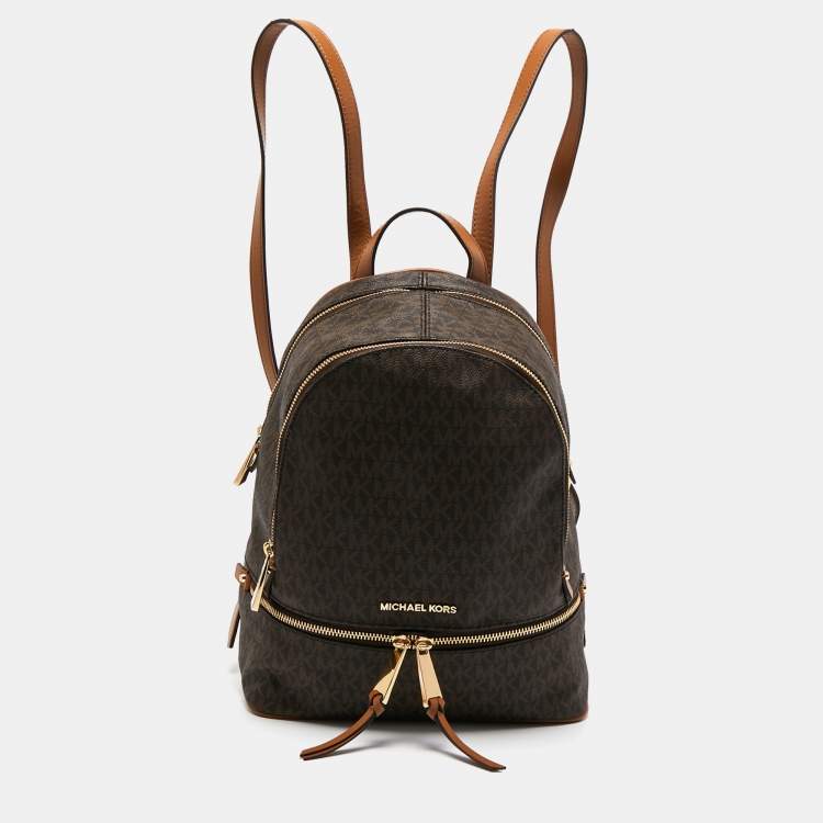 Pre Owned Michael Kors Brown Signature Coated Canvas And Leather Medium Rhea Backpack