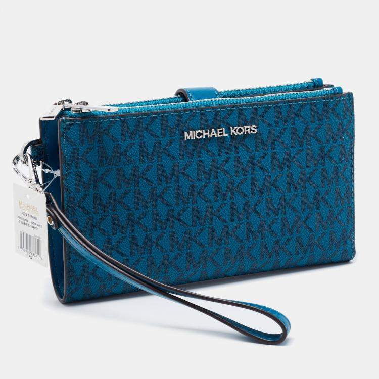 Pre Owned Michael Kors Teal Signature Coated Canvas Jet Set Travel Zip Wristlet Wallet