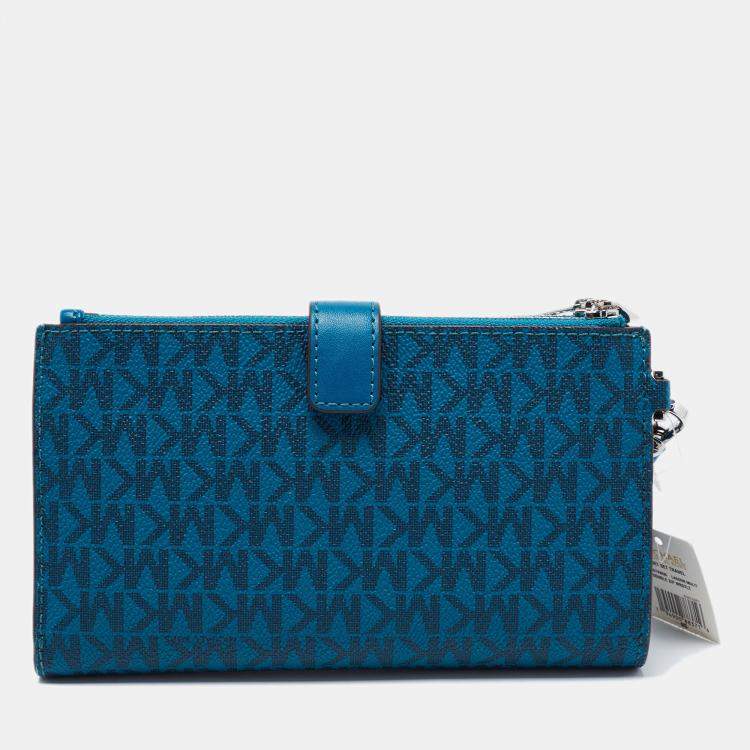 Pre Owned Michael Kors Teal Signature Coated Canvas Jet Set Travel Zip Wristlet Wallet