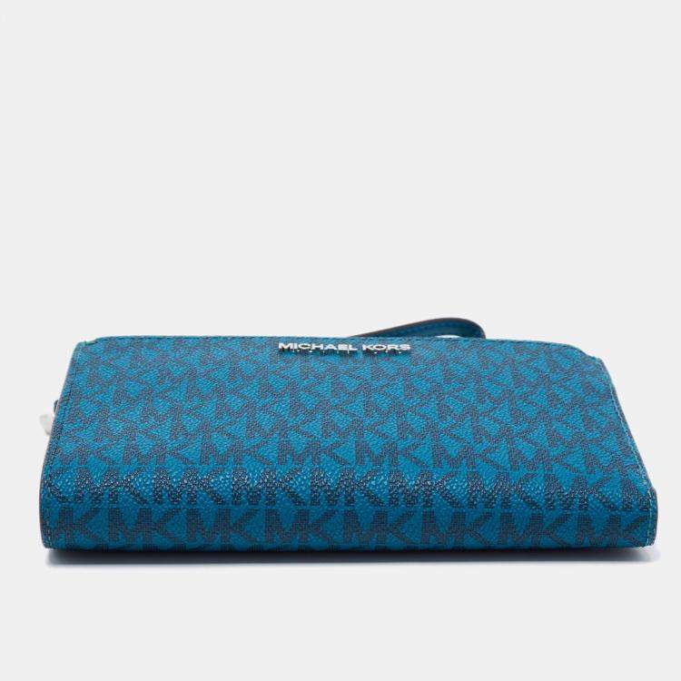 Pre Owned Michael Kors Teal Signature Coated Canvas Jet Set Travel Zip Wristlet Wallet