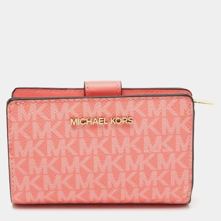 Michael Kors Coral Pink Signature Coated Canvas Jet Set Travel Compact Wallet Michael Kors The Luxury Closet