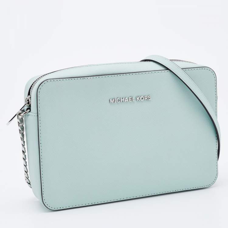 Pre Owned Michael Kors Mint Green Leather Jet Set Camera Crossbody Bag