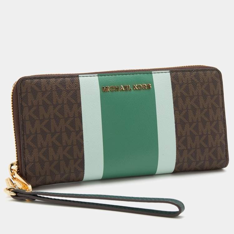 Pre Owned Michael Kors Multicolor Signature Coated Canvas Striped Zip Around Wallet