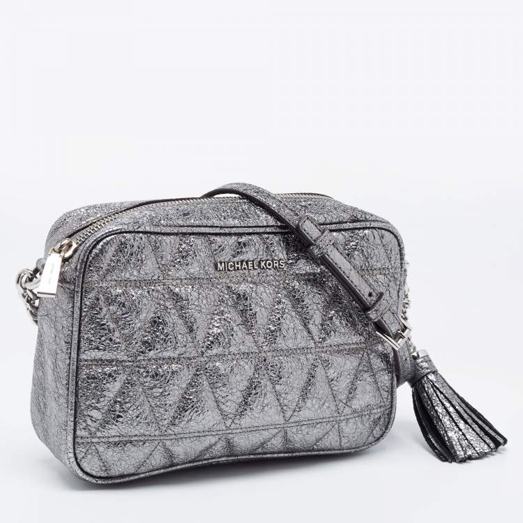 Pre Owned Michael Kors Metallic Grey Leather Small Ginny Camera Crossbody Bag