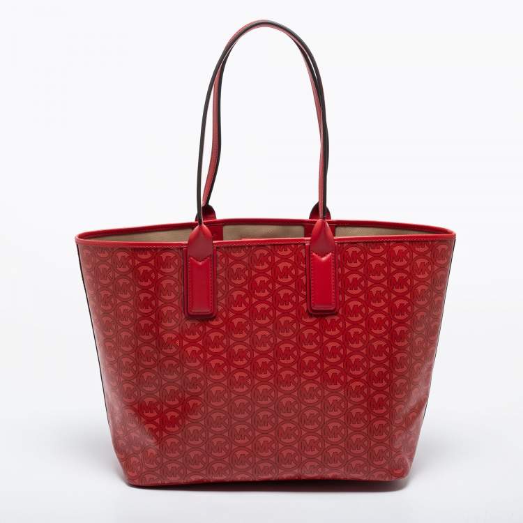 Pre Owned Michael Kors Red Signature Coated Canvas and Leather Jodie Tote