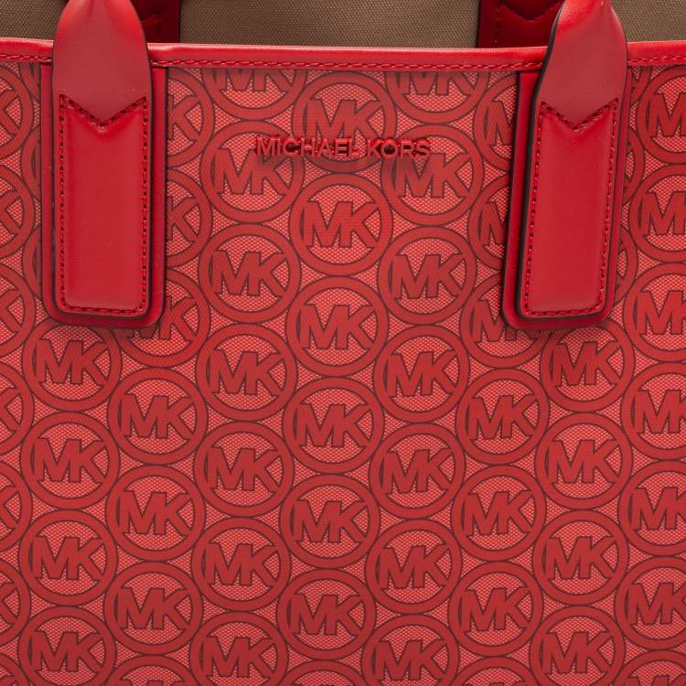 Pre Owned Michael Kors Red Signature Coated Canvas and Leather Jodie Tote