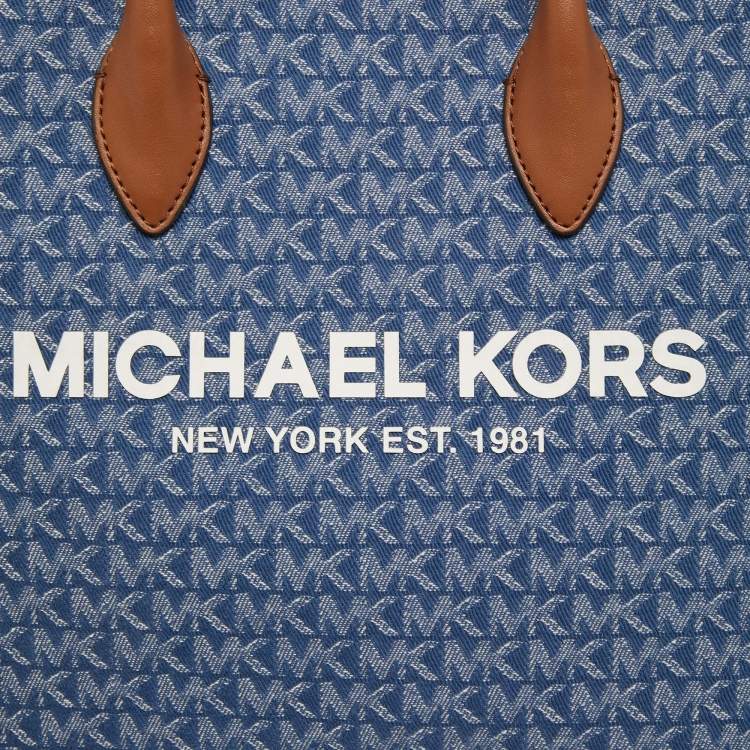 Pre Owned Michael Kors Blue/Brown Signature Denim and Leather Medium Mirella Tote