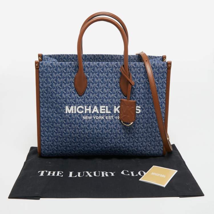 Pre Owned Michael Kors Blue/Brown Signature Denim and Leather Medium Mirella Tote