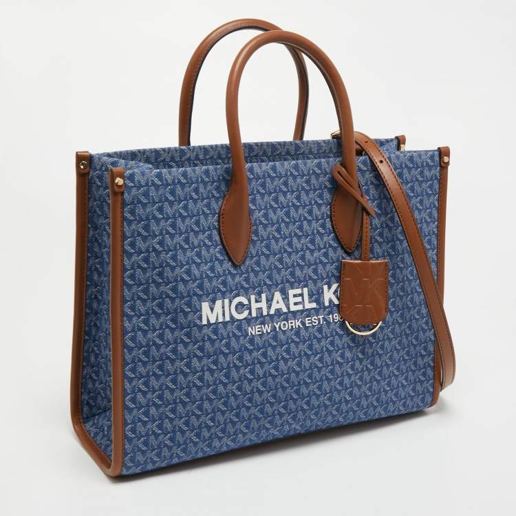 Pre Owned Michael Kors Blue/Brown Signature Denim and Leather Medium Mirella Tote