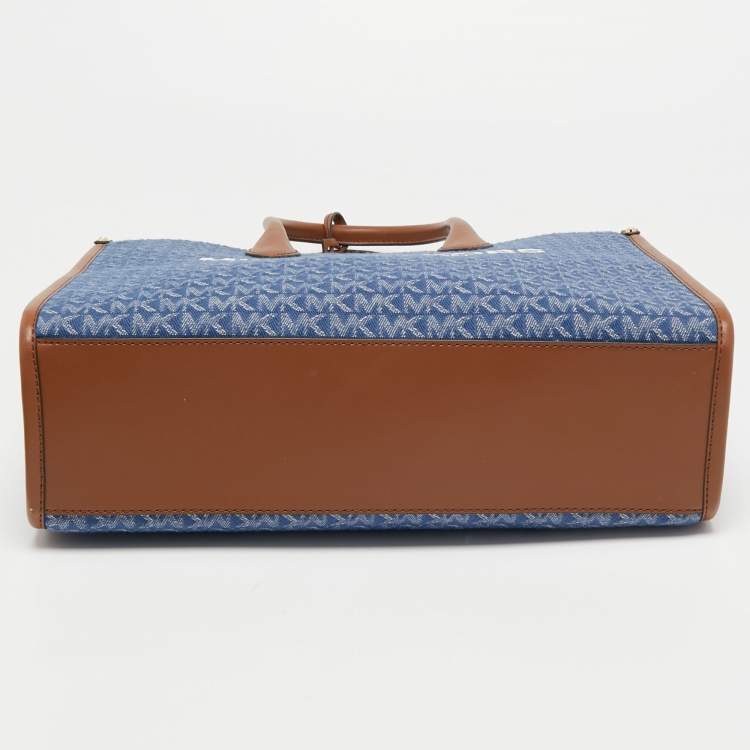 Pre Owned Michael Kors Blue/Brown Signature Denim and Leather Medium Mirella Tote