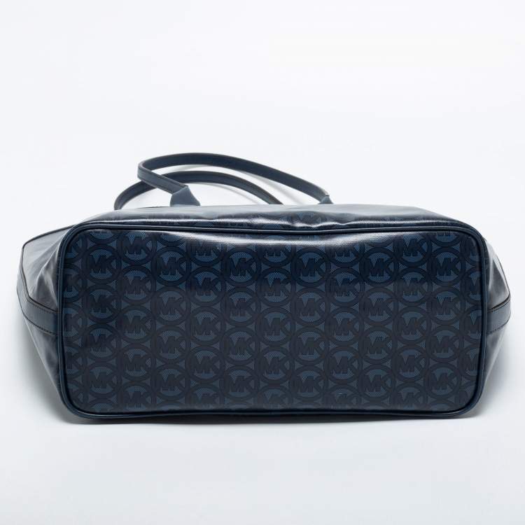 Pre Owned Michael Kors Navy Blue Signature Coated Canvas and Leather Large Jodie Tote